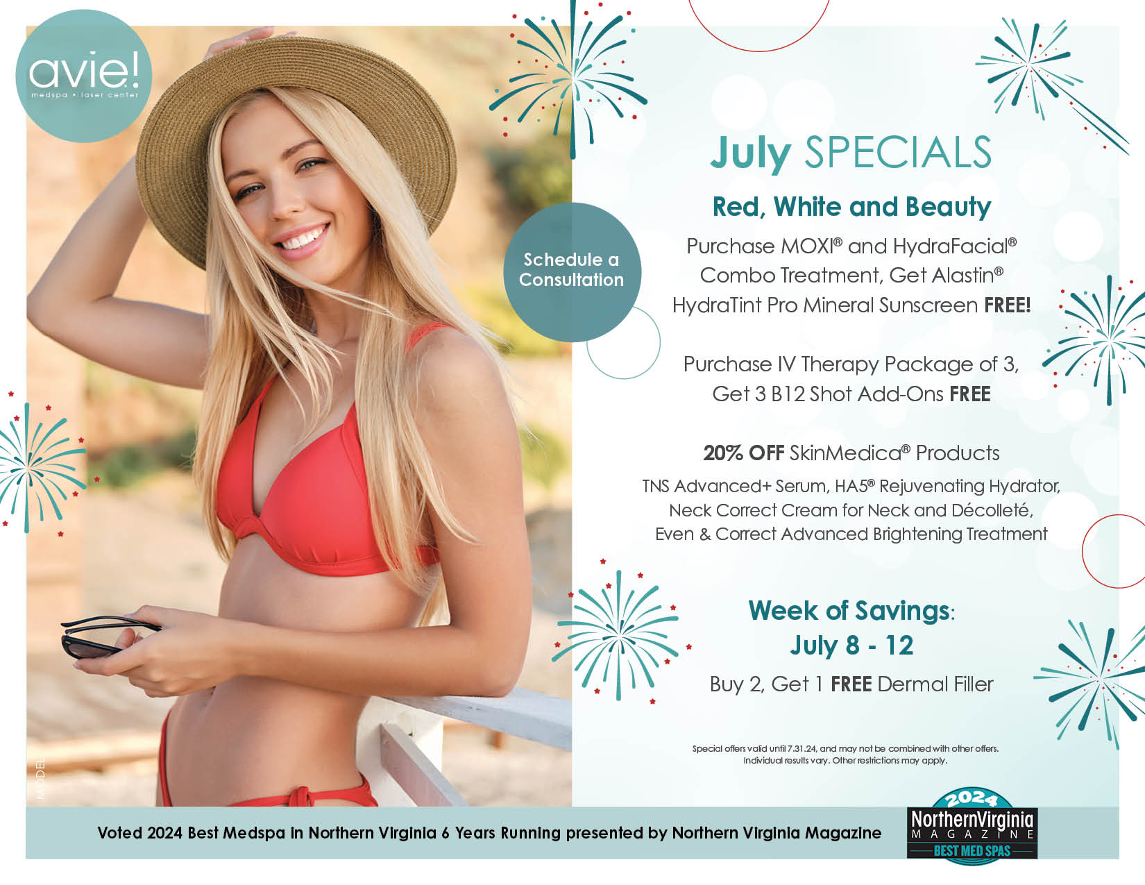 July SPECIALS Red, White and Beauty Purchase MOXI® and HydraFacial® Combo Treatment, Get Alastin® HydraTint Pro Mineral Sunscreen FREE! Purchase IV Therapy Package of 3, Get 3 B12 Shot Add-Ons FREE 20% OFF SkinMedica® Products TNS Advanced+ Serum, HA5® Rejuvenating Hydrator, Neck Correct Cream for Neck and Décolleté, Even & Correct Advanced Brightening Treatment Week of Savings: July 8 - 12 Buy 2, Get 1 FREE Dermal Filler