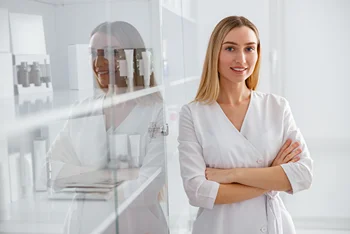 a portrait of a med spa provider with skincare products on the background