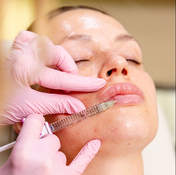 Woman leans back with eyes closed as provider wearing gloves placces a syringe and needle into her bottom lip. This is a treatment for lip fillers in Loudoun County.